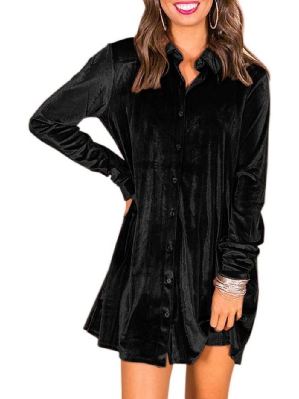 Velvet Button Down Swing Mini Dress | Casual Long Sleeve Tunic Top for Women